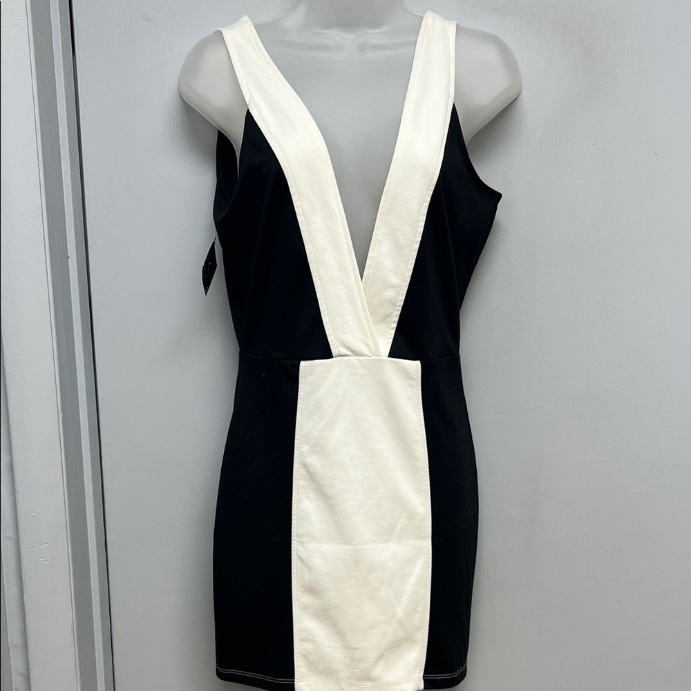 Nasty Gal Black & White Deep V Bodycon Mini Dress | Size M | NWT